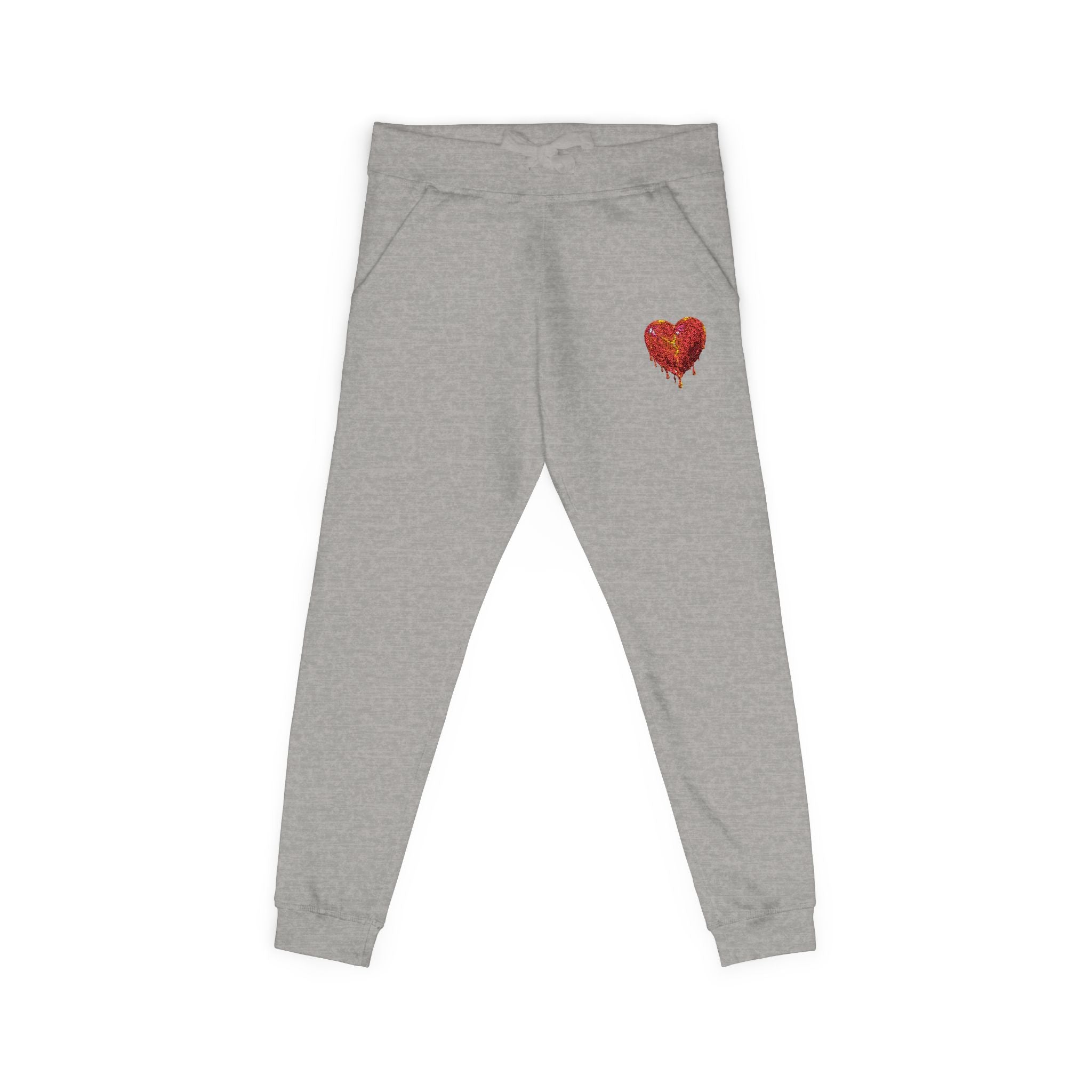 Embroidered Sequin Heart Sweatpants — Cozy Grey Fleece Lounge Joggers